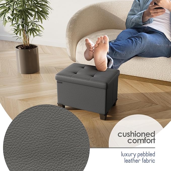 Storage Ottoman Cube with Small Bin, 16-in Square Ottoman with Storage for Living Room and Bedroom, Small Ottomans Foot Rest, Faux Leather Foot Stools Ottomans Max 330lbs, Grey