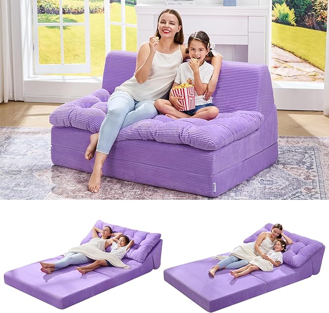 Hobestluk Sofa Couch Folding Sofa Bed Sleeper Comfy Floor Lounger Loveseat Sofa with Removable Cushion Couches Foldable Mattress for Living Room Bedroom or Office (Cordury Purple, Oversize)