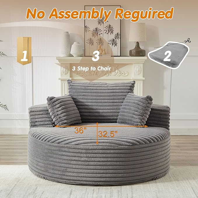 55"W Oversized Round Chair Lounge Chaise Indoor, Upholstered Comfy Circle Sofa Armchair, Modern Cozy Boneless Foam Floor Reading Chair for Living Room, Bedroom, No Assembly Required(Corduroy, Grey)