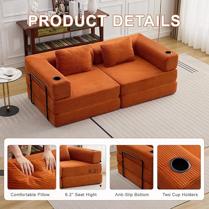78" Loveseat Sleeper Sofa, 4 in 1 Convertible Floor Sofa Bed, Boneless Cloud Couch with Cup Holder, Fold Out Floor Couch for Living Room Bedroom Lounge, Corduroy, Orange