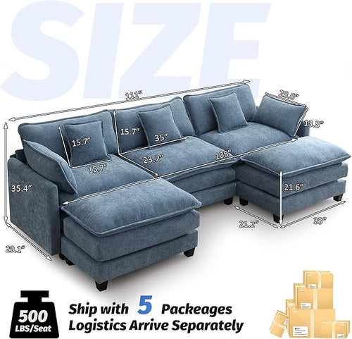111'' Sectional Cloud Deep Seat Couch, Oversized Chenille U Shaped Sectional Sofa for Living Room Set, Comfy Upholstered Modular 5-Seats Sectional Sofa Couch with 2 Movable Ottoman,Blue