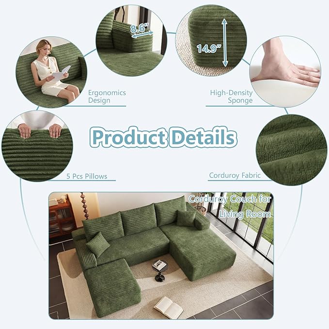 95" Cloud Sectional Couch with Ottoman,Modern U-Shaped Cloud Couch with Deep Seat,Comfy Corduroy 3-Seater Sofa,Memory Foam Sofa for Living Room,No Assembly (Green,Right-Facing Chaise)