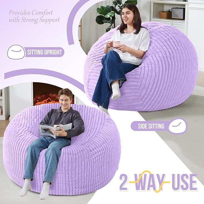 Homguava 5 FT Bean Bag Chair,5' Big Bean Bag,Giant Bean Bag Chairs for Adults with Memory Foam Filled,Comfy Large Beanbag Chairs Soft Bean Bag Sofa with Dutch Corded Plush Cover-Purple