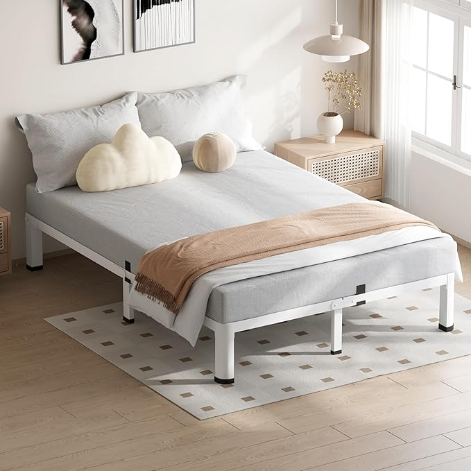 VIPSHOW 10 Inch White Queen Bed Frame, 3500Lbs Heavy Duty Metal Platform with Round Corner Legs Mattress Slide Stopper, Steel Slat Support No Box Spring Needed, Noise Free, Non-Slip, Easy Assembly