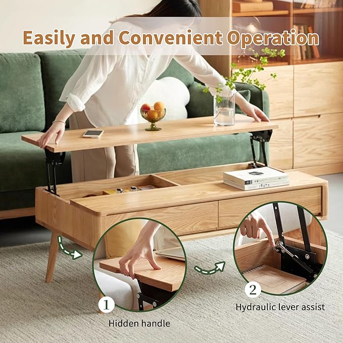 QKFF Wood Lift Top Coffee Table, 100% Solid Oak Wood Small Rising Dining Center Tables with Storage Shelf and Hidden Compartment for Living Room 40D x 22W x 26H