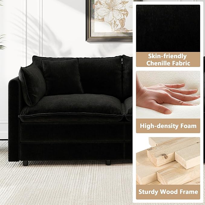Aoowow Modular Sectional Sofa Modern Convertible U Shaped Couch,112.2 Inch Deep 3-Seater Sofas Set Comfy Chenille Cloud Sofas and Couches with Movable Ottoman for Living Room Apartment（Black）