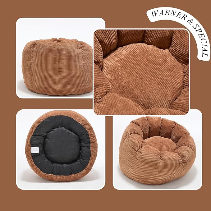 LukeAlon Corduroy Bean Bag Chair with Filler & Petal Armrest - Fluffy Floor Sofa Chair for Adults, 44"×44"×26" - Cozy Seating for Bedroom, Living Room, Game Room (Brown)