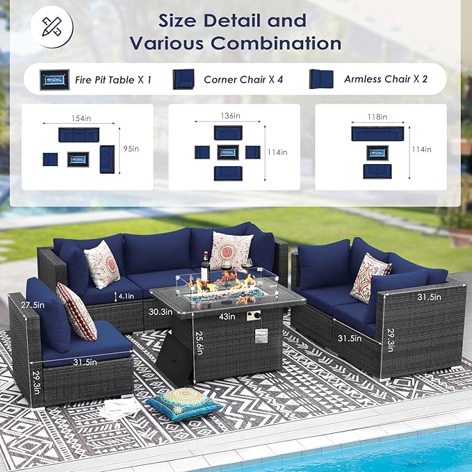 RADIATA 7 Piece Wicker Patio Furniture Set with Fire Pit, All-Weather Outdoor Sectional Couch High Back Large Size, Modular Backyard Seating Sofa Set with Propane/Natural Gas Firepit Table, Grey&Blue