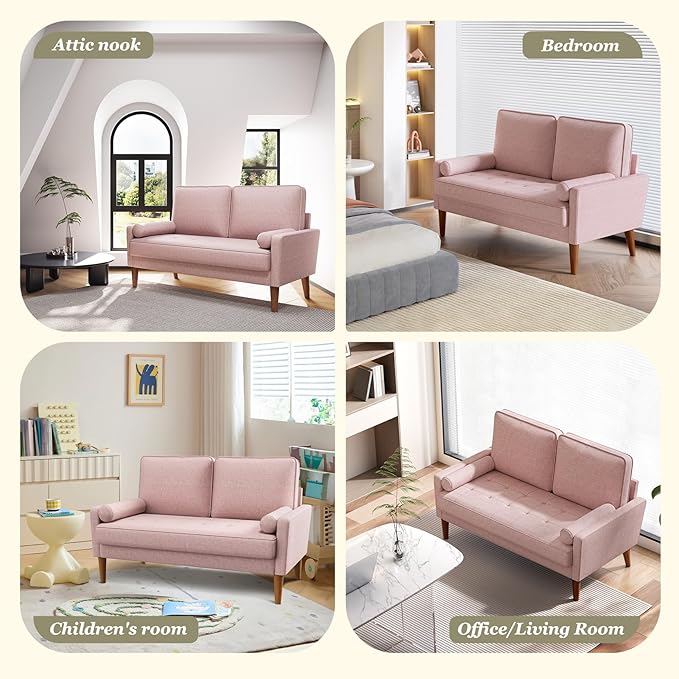 Loveseat Sofa with Solid Wood Legs, 48" Small Couches for Small Spaces, Love Seat for Living Room, Bedroom, Easy Assembly Mid Century Modern Couch with Throw Pillow for Apartment, Pink