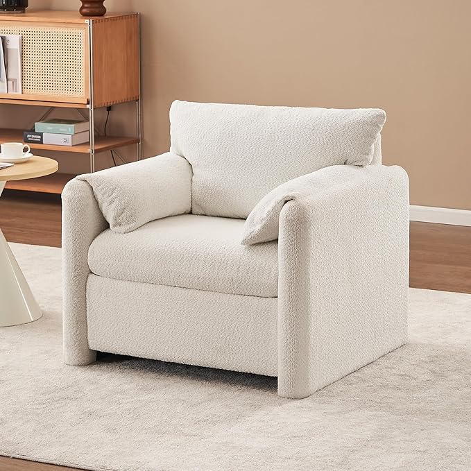 Plush Chenille Accent Chair - Modern Single Seater with High-Resilience Cushion, Compact Reading Chair for Living Room, Bedroom, Dorm Room, Ivory White