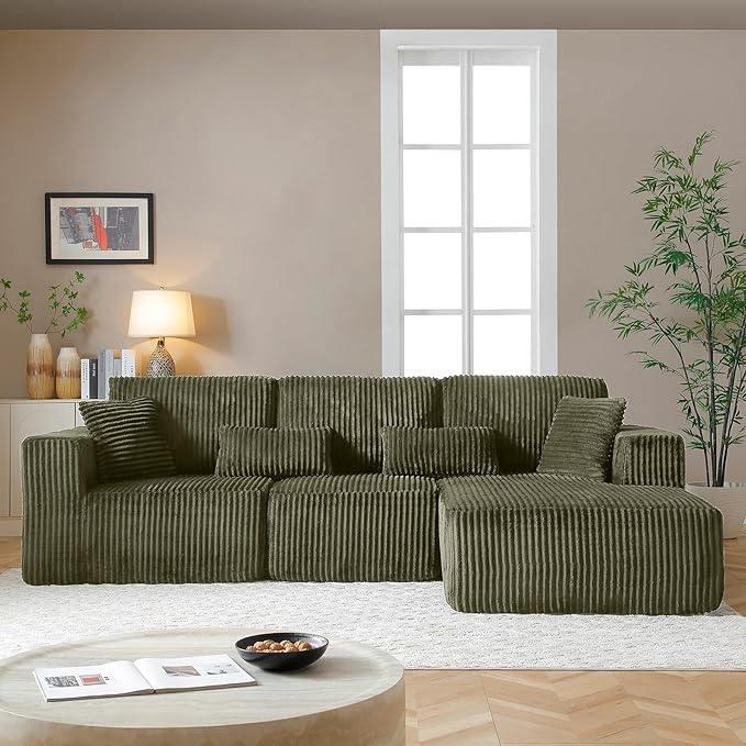 108" Boneless Cloud Sectional Couches for Living Room, Comfy Fluffy L Shaped Memory Foam Deep Seat Boneless Couch, Modular Sectional Sofa with Right Facing Chaise, Olive Green