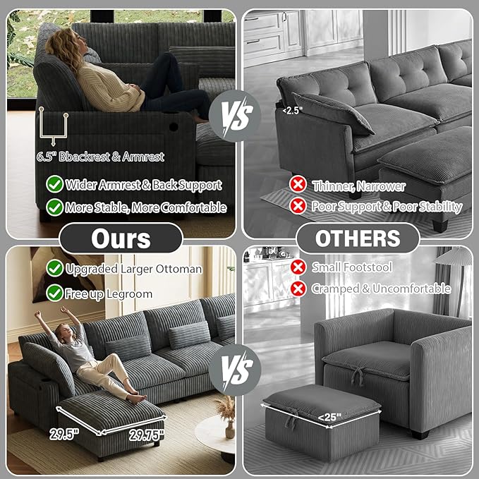 130" W x 67" D U Shape Sectional Sofa with USB Charging & Cup Holder & Storage, 6 Seater Plush Corduroy Couches with Movable Ottoman, Cloud Couch Sofas for Living Room, DIY Combination - Dark Grey