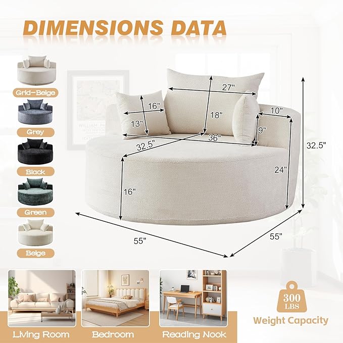 55"W Oversized Round Chair Lounge Chaise Indoor,Upholstered Comfy Circle Sofa Armchair,Modern Cozy Boneless Foam Floor Reading Chair for Living Room,Bedroom,No Assembly Required(Grid Chenille,Beige)