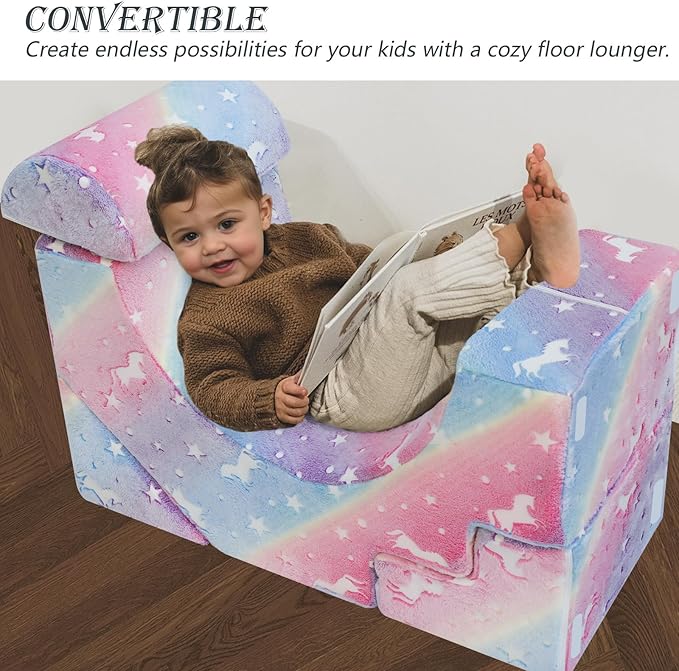 MeMoreCool Unicorn Modular Kids Sofa, Foam Couch Sofa with Slide & Stair Design, Convertible Glow Kids Couch for Playroom, Sectional Child Furniture for Bedroom Living Room, Unicorn Rainbow