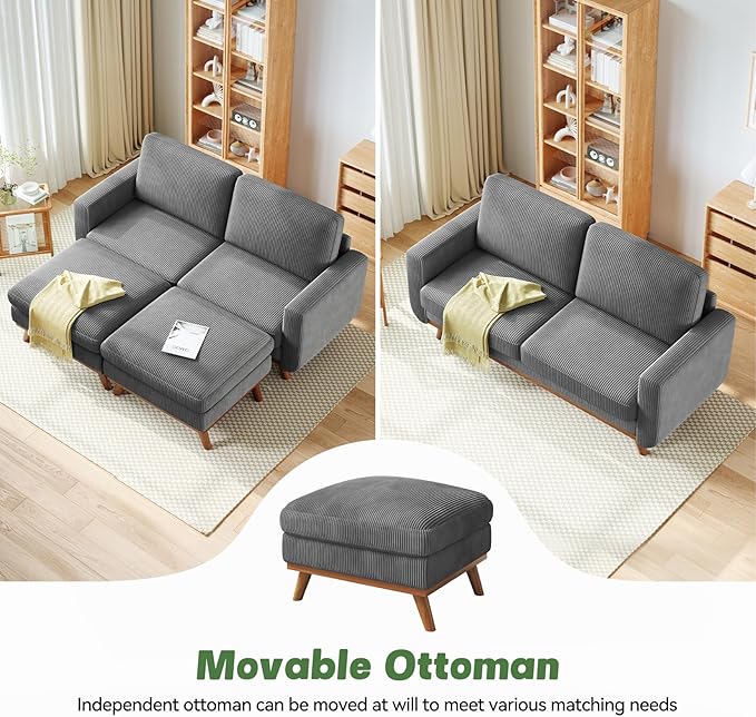 Vesgantti 68" Loveseat Sofa with Movable Ottoman, Comfy Corduroy Couch with Spring Cushion, Sofa Couch with Solid Wood, Modern Office Sofa with Deep Seat for Living Room and Bedroom, Dark Gray