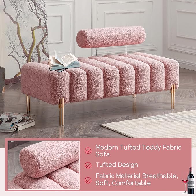 NIOIIKIT 53.2" Modern Loveseat Sofa Couch, Upholstered Accent Sofa with Golden Legs and Adjustable Backrest, Small Teddy Fleece Couches for Bedroom, Living Room, Compact Small Space (Pink)