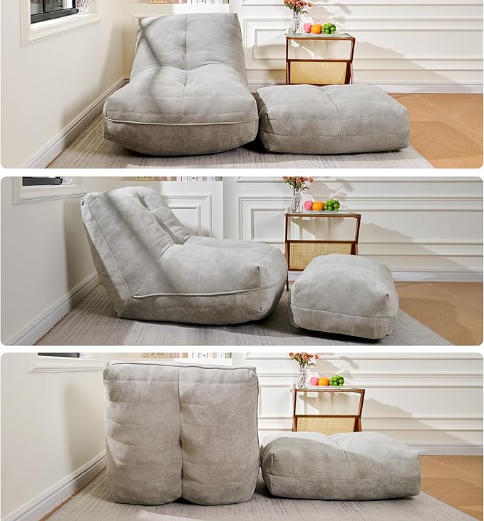 Cvortll Bean Bag Chair with Ottoman, Comfy Bean Bag Sofa with Memory Foam, Lazy BeanBag Sofa with Footstool, Fireside Bean Bag Couch for Living Room, Bedroom, Apartment (Gray)