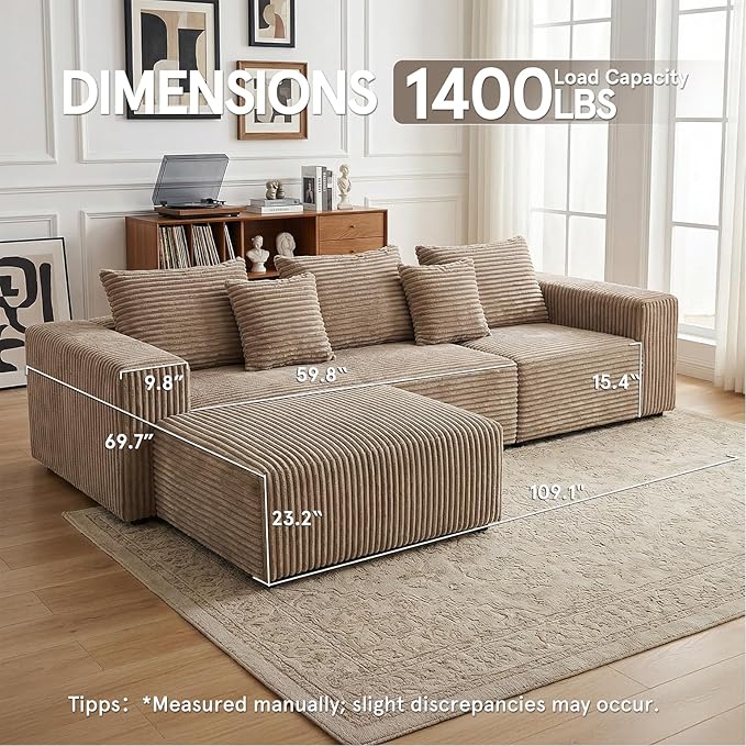 Sytopia 109" L-Shaped Cloud Couch, Boneless Modular Sectional Sofa with Deep Seat for Living Room Bedroom, Modern Floor Couch Corduroy, Comfy Sleeper Futon Sofa Bed 40D Foam Furniture, Left Facing