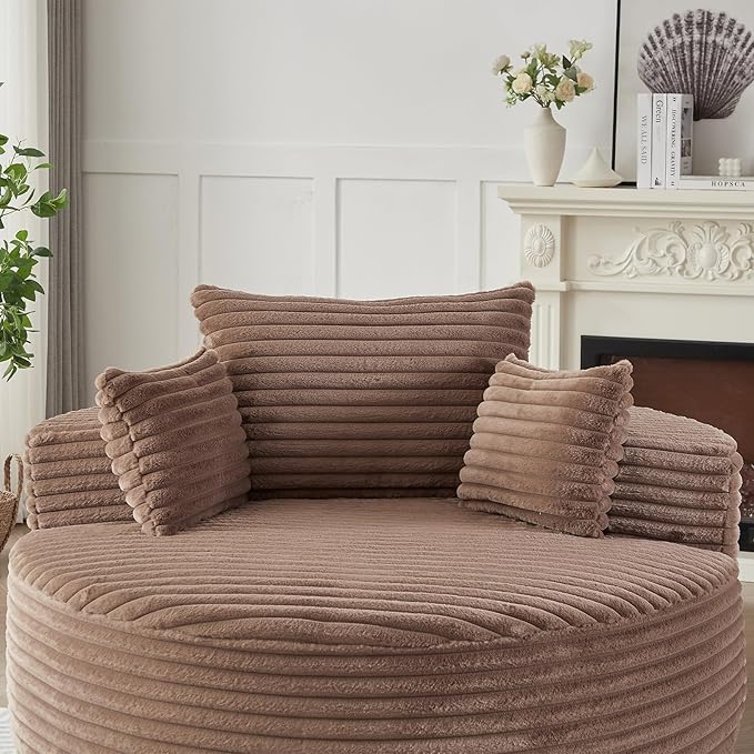Oversized Round Chaise Longue Chair Indoor, Modern 55-inch Upholstered Corduroy Deep Seat Circle Single Cloud Lounge Floor Sofa Chair for Living Room, Bedroom Apartment, Brown