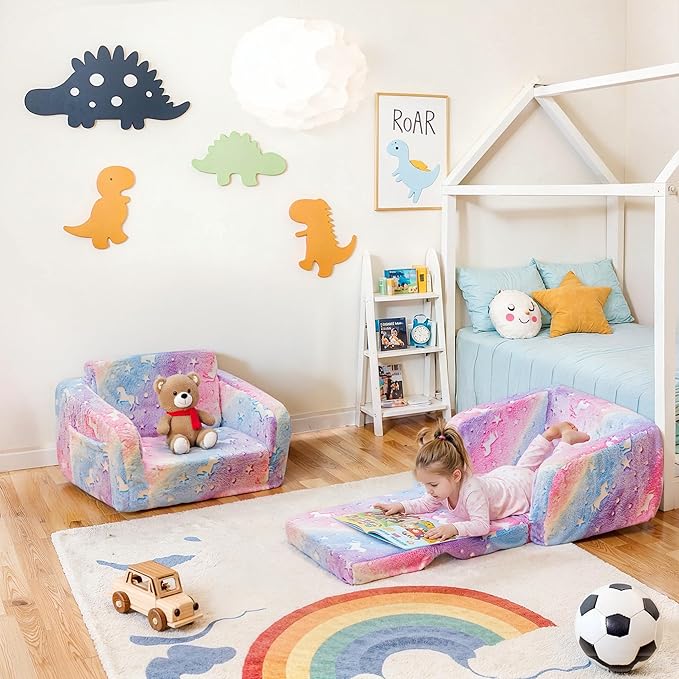 Lamerge 2-in-1 Soft Toddler Couch Fold Out,Foldable Toddler Chair, Glow in The Dark Kids Sofa for playroom,Convertible Foam and Floor Cushion for Boys and Girls (Rainbow and Unicorn)