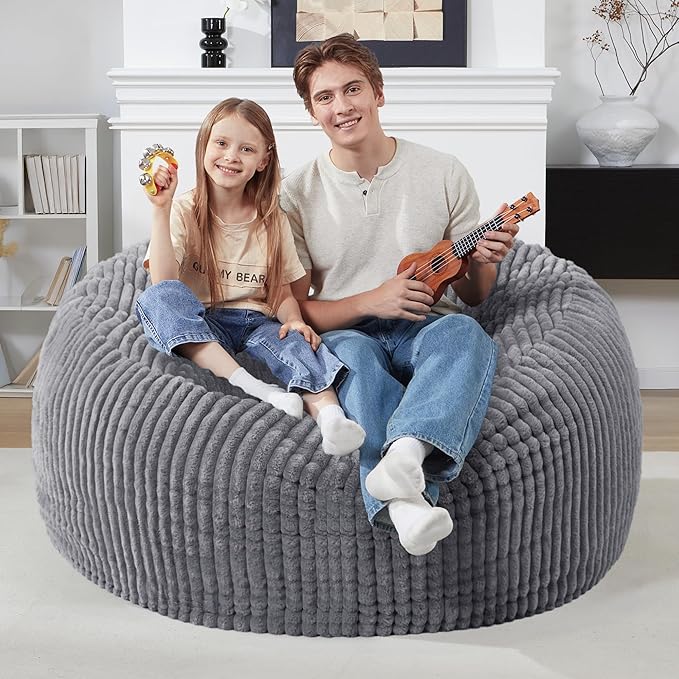 Homguava 3 FT Bean Bag Chair,3' Big Bean Bag,Large Bean Bag Chairs for Adults with Memory Foam Filled,Comfy Beanbag Chairs Soft Bean Bag Sofa with Dutch Corded Plush Cover-Dark Grey