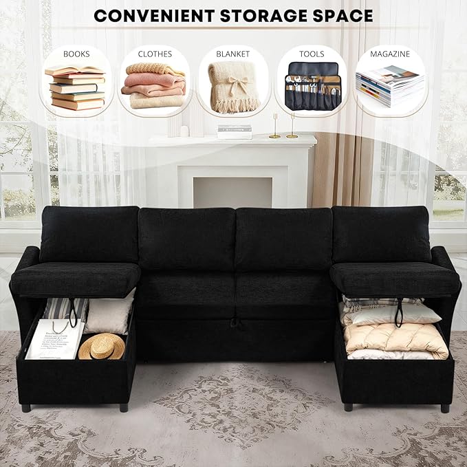 ACMEASE 107 Inches Fabric Sectional Sofa with Pull Out Sofa Bed, Modern U Shaped Sofa with Throw Pillows, Comfortable Sleeper Couch with Storage Chaise for Living Room, Black