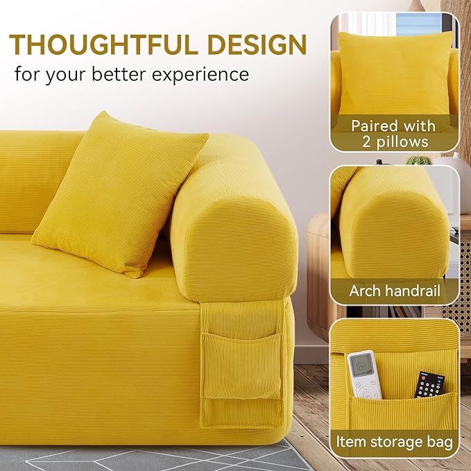 83" Boneless Couch, 3 Seater Sofa with 2 Matching Pillows Compact Corduroy Couches for Living Room Side Storage Pockets, Floor Sofa with Removable Armrests, No Assembly Required, Yellow