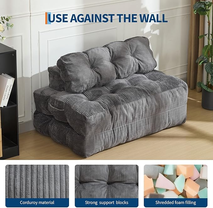 Garvee Folding Sofa Bed, Convertible Sleeper Chair with Pillow Foldable Mattress with Back Support, Boneless Fold Out Chair Bed Comfy Floor Sofa Lounge for Living Room, Bedroom, Dark Gray, Full
