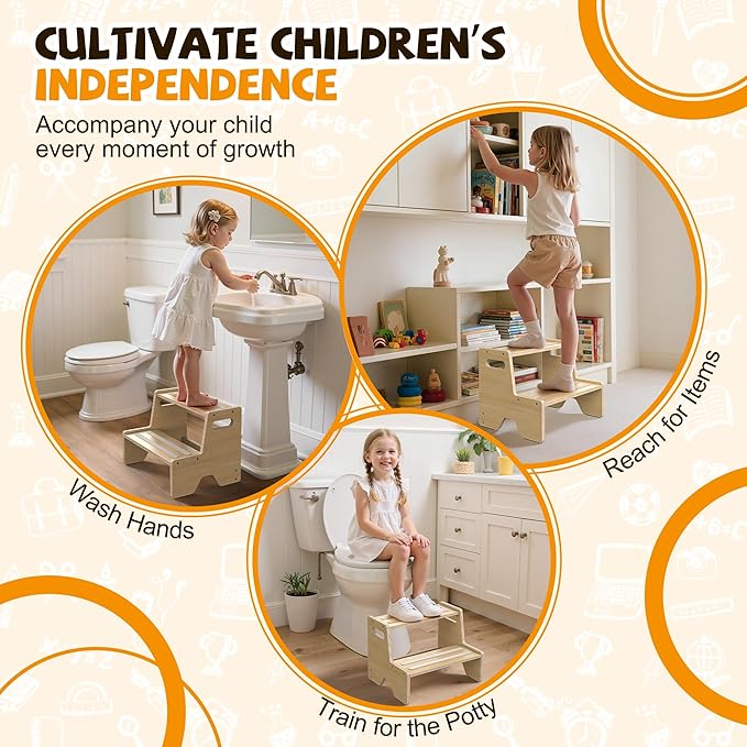 Uiirvdy Step Stool for Toddler, Sturdy Wooden 2-Step Stool with Anti-Slip Surface and Pads for Barthroom, Kitchen, Bedroom, Toilet, and Potty Training - 1 Pack