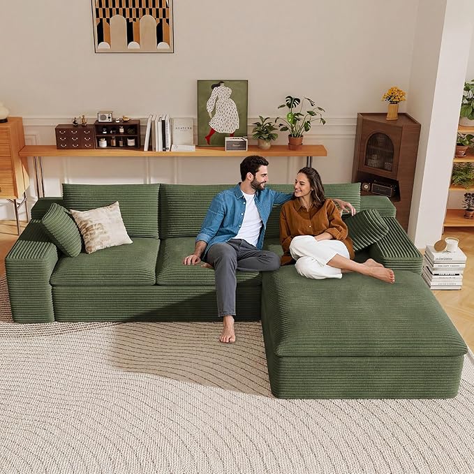 107" Cloud Sectional Couch with L-Shape Chaise,Corduroy Viral Boneless Sofa for Living Room,Modern Memory Foam Couches in a Box with Deep Seat,No Assembly Required (Green,Right-Facing Chaise)