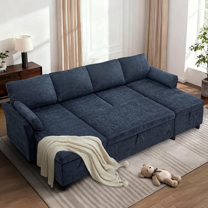ACMEASE 107 Inches Fabric Sectional Sofa with Pull Out Sofa Bed, Modern U Shaped Sofa with Throw Pillows, Comfortable Sleeper Couch with Storage Chaise for Living Room, Blue