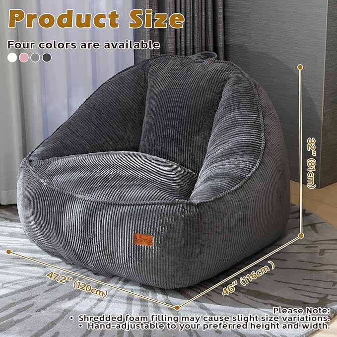 Giant Bean Bag Chair for Adults, Teens and Kids, Cozy Fluffy Corduroy Beanbag Chair with Filler, Large Floor Lounge Sofa for Living Room, Bedroom, Dorm, Gaming and Reading（L-Dark Grey）