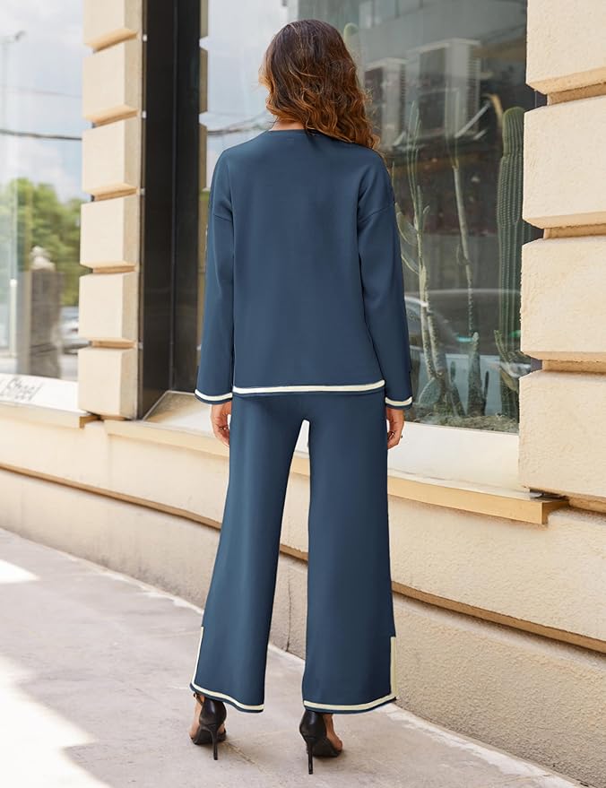 Tanming Women's 2 Piece Outfits Long Sleeve Knit Sweater Top Wide Leg Pants Lounge Sets Tracksuits