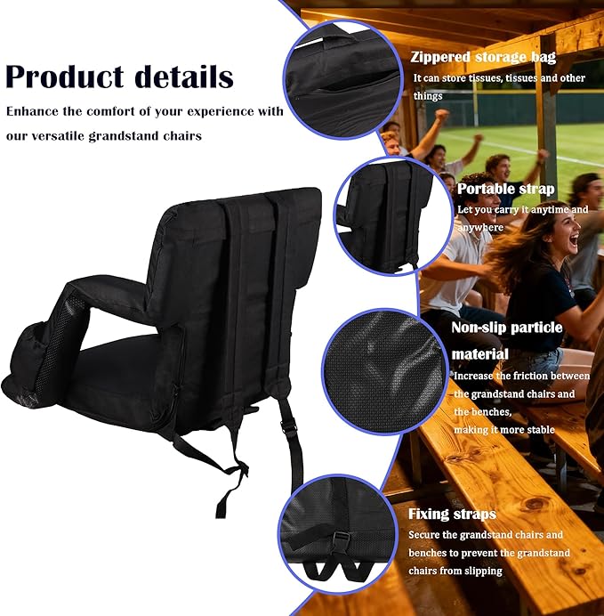 Anmiro Stadium Seats with Back Support Bleacher Chairs with Back and Extra Wide Cushion Thick Padded Bleacher Portable Reclining Seats for Football, Baseball and Basketball (Black, Small)