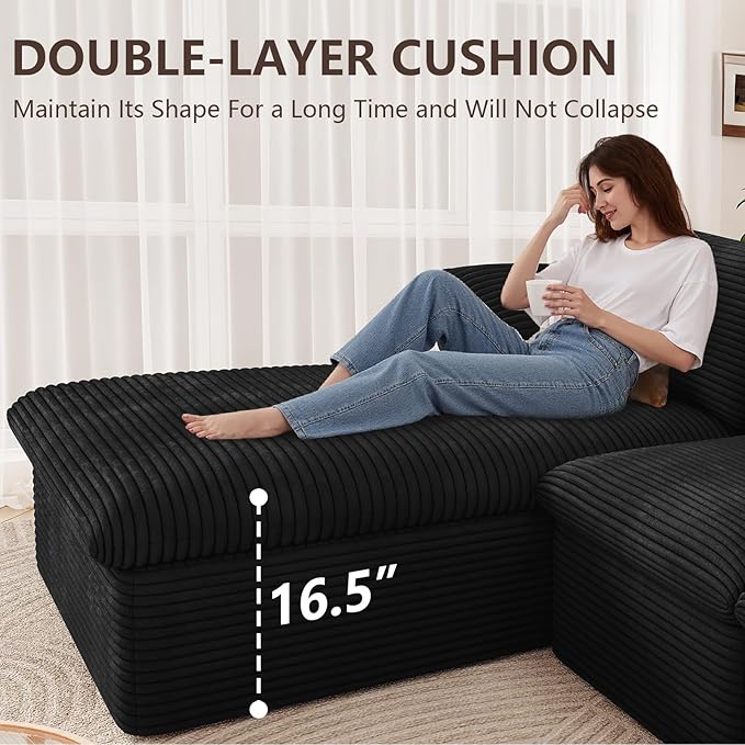 107 Inch Cloud Sectional Couch, Modern Modular Sectional Sofa with L-Shape Chaise, Corduroy Boneless Couches with Deep Seat for Living Room Bedroom, No Assembly Required (Black, Left Facing Chaise)