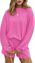 Ekouaer 2 Pieces Lounge Set for Women Long Sleeve Pajamas Top and Shorts Matching Sets Outfits with Pockets