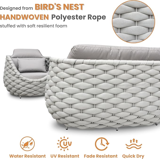 Erotr 6 Pieces Deck Patio Furniture Set: Hand Woven Rope, Rusrproof Aluminum Frame, Weather Resistant, Thick Cushions, No Assembly, Comfy Outdoor Conversation Sofa Set for Porch Yard Lawn Hotel - Gray