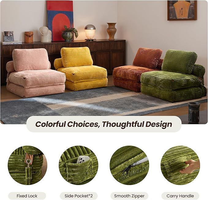 ovios Folding Sofa Bed, Foldable Sleeper Chair Floor Futon, Comfy Portable Convertible Fold Out Lounge Chairs for Living Room Bedroom, Green