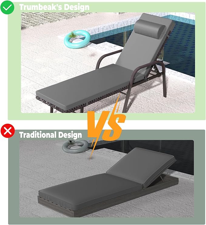 Trumbeak Patio Chaise Lounge Set 3 Pieces Pool Lounge Chairs,Cushioned Outdoor Folding Lounge Chair w/Arm and Rattan Adjustable Backrest for Poolside Porch,Folding Table Included,Grey