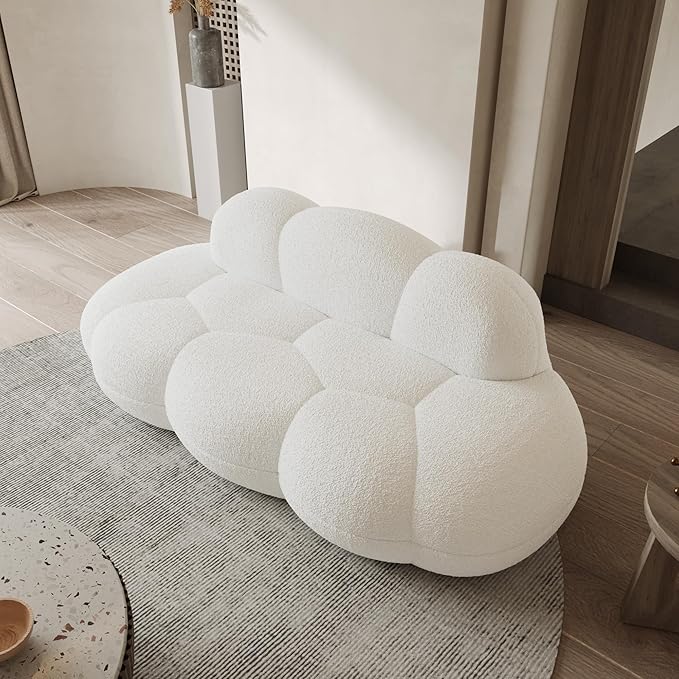WJShome 90" Modern Curved Couch Cloud Shaped Sofa for Living Room,Lazy Floor Couch, Boucle LoveSofa, Cozy Leisure Boneless Chaise Lounge, Apartment-No Assembly Required(White)