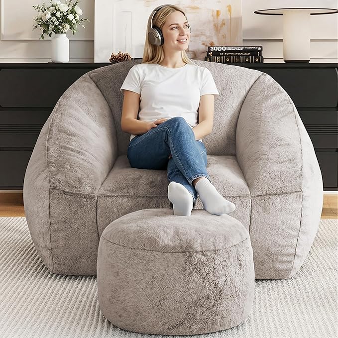 Bean Bag Chairs with Ottoman for Adults, Comfy Beanbag Chair with High-Resilience Foam, Oversized Bean Bag Sofa with Soft Faux Fur Fabric, Bean Bag Chair for Living Room,Bedroom,Khaki