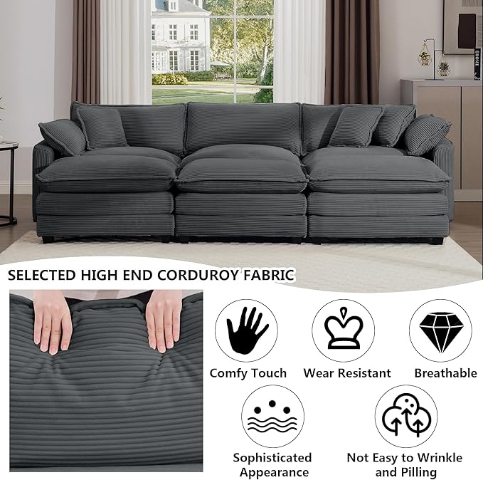Aoowow Corduroy 3 Seater Sofa Couch,Modern Large Cloud Couches for Living Room,Modular Sectional Cloud Sofas with Deep Seat,Oversized Tufted 3 Seat Sofa Set. (Grey, 3 Seater)
