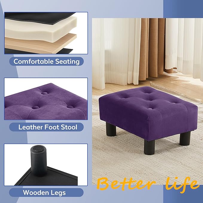FIMIVIBI Small Foot Stool Ottoman, Velvet Footstool Ottoman Foot Rest for Couch, Rectangle Footstools and Ottomans Small for Living Room, Entryway and Bedroom (Purple)