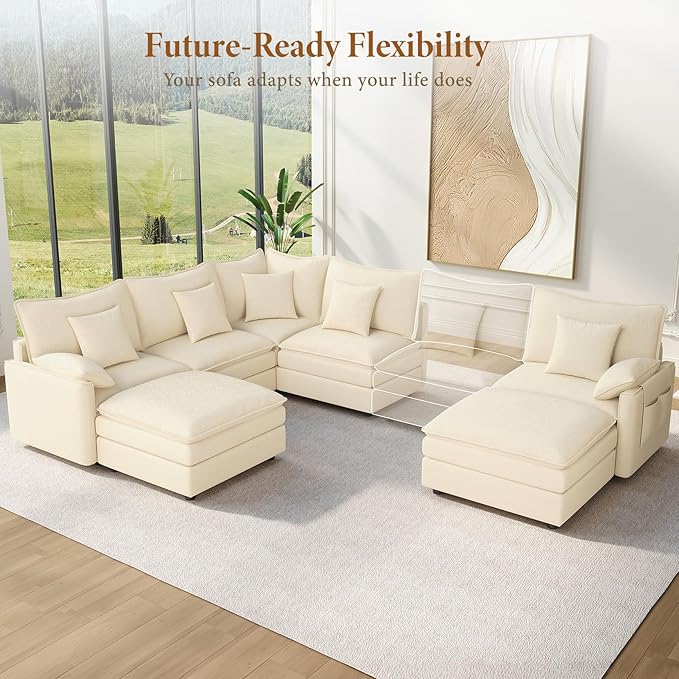 Vesgantti 101" V-Shaped Corner Couch Sectional, 7 Seat Customizable Modular Cloud Couches with Movable Ottoman, Chenille Deep Seat Sofa Set with Chaise for Living Room, Bedroom and Apartment, Beige