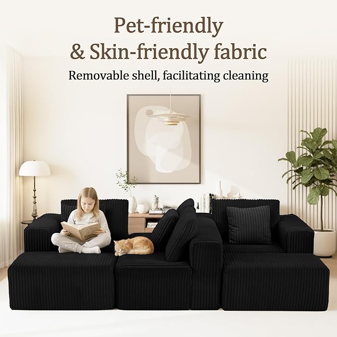 132" U Shaped Modular Sofa, 4-Seater Sectional Cloud Couch with Chaise, Soft Corduroy Boneless for Living Room, No Assembly Required, Free Configuration, Black