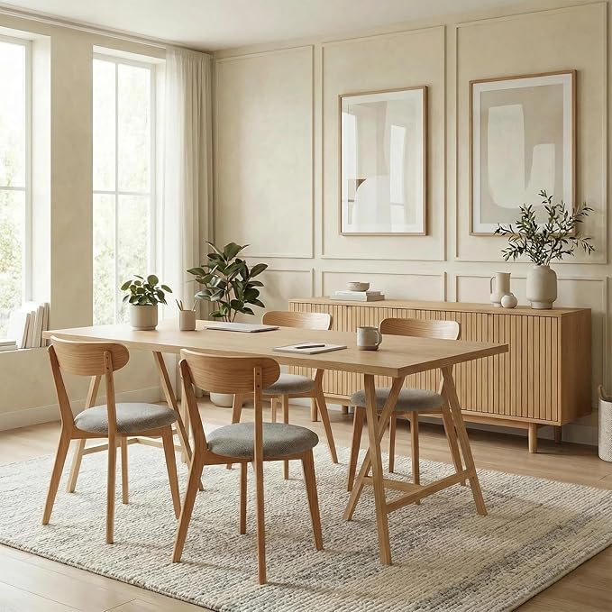 Bamskov 100% Solid Oak Wood Dining Room Chairs - Practical Kitchen Chairs - Wood Chair for Dining Room, Kitchen (4, Natural with Grey Cushion)