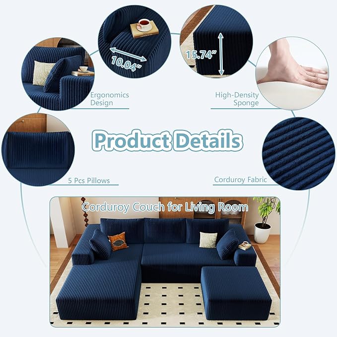 96" W Cloud Sectional Couch with Ottoman,Modern U-Shaped Cloud Couch with Deep Seat,Comfy Corduroy 3-Seater Sofa,Memory Foam Sofa for Living Room,No Assembly (Blue,Left-Facing Chaise)