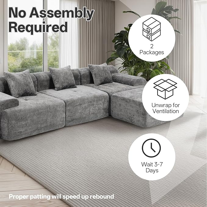 119" Modular Sectional Sofa, Cloud-Style Chenille Couch with Deep Seats & Chaise, No Assembly Compression Sectional with Throw Pillows for Living Room, Apartment, Bedroom, Grey
