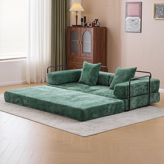 77" Convertible Foldable Floor Couch, 3-Seat Futon Sleeper Sofa for Living Room, Bedroom, or Apartment, with Pillow Backrest and Armrests, Chenille Fabric, No Assembly Required, Dark Green