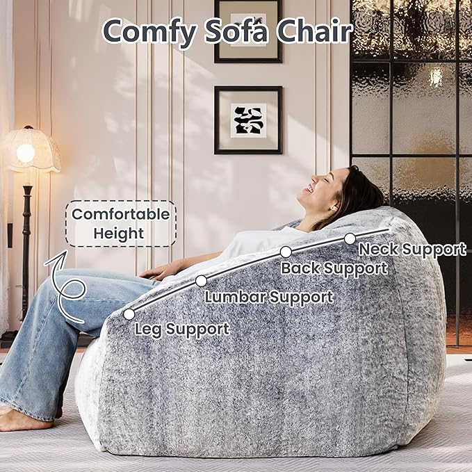 Bean Bag Chairs for Adults, Giant Beanbag Sofa Comfy Reading Chair, Oversized Bean Bag Chairs for Living Room Bedroom, Soft Faux Fur Fabric, 3.2FT, Dark Grey, Plush